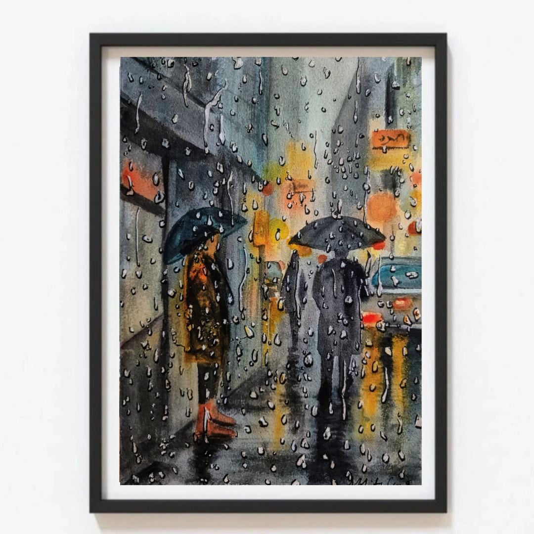 雨の降る街並みの水彩画：オリジナルの都会の風景、A4サイズのアート