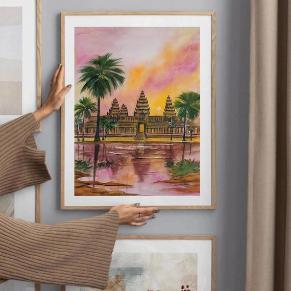 カンボジア風景 水彩画 アンコールワットの水彩画：カンボジア寺院の夕焼けアート（11×14