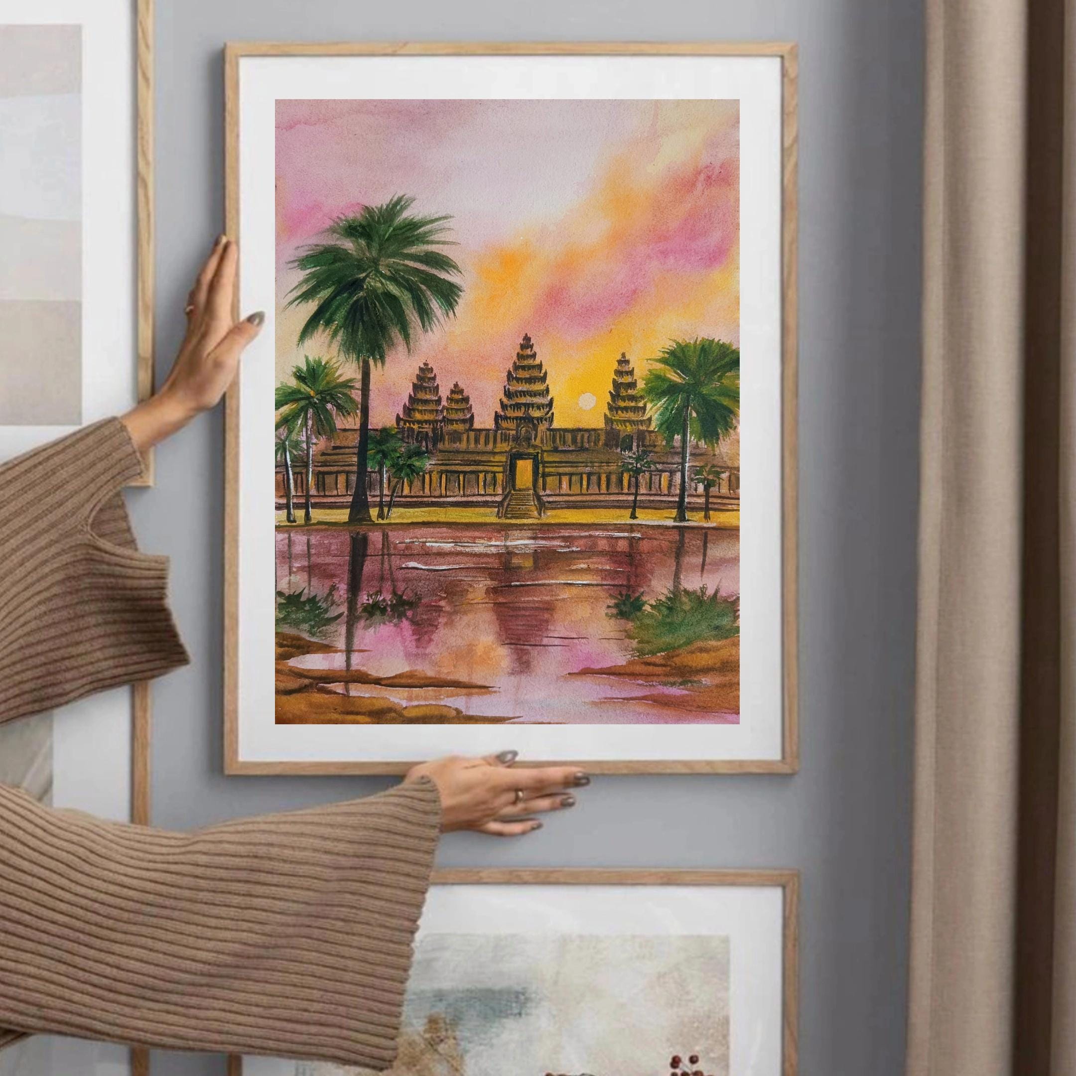 アンコールワットの水彩画：カンボジア寺院の夕焼けアート（11×14