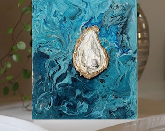 Oyster shell & Ocean painting, Small fluid Canvas Art, Coastal/Beach/Seaside/Nautical Wall Art, anniversary/mother's day/Pearl gift for her
