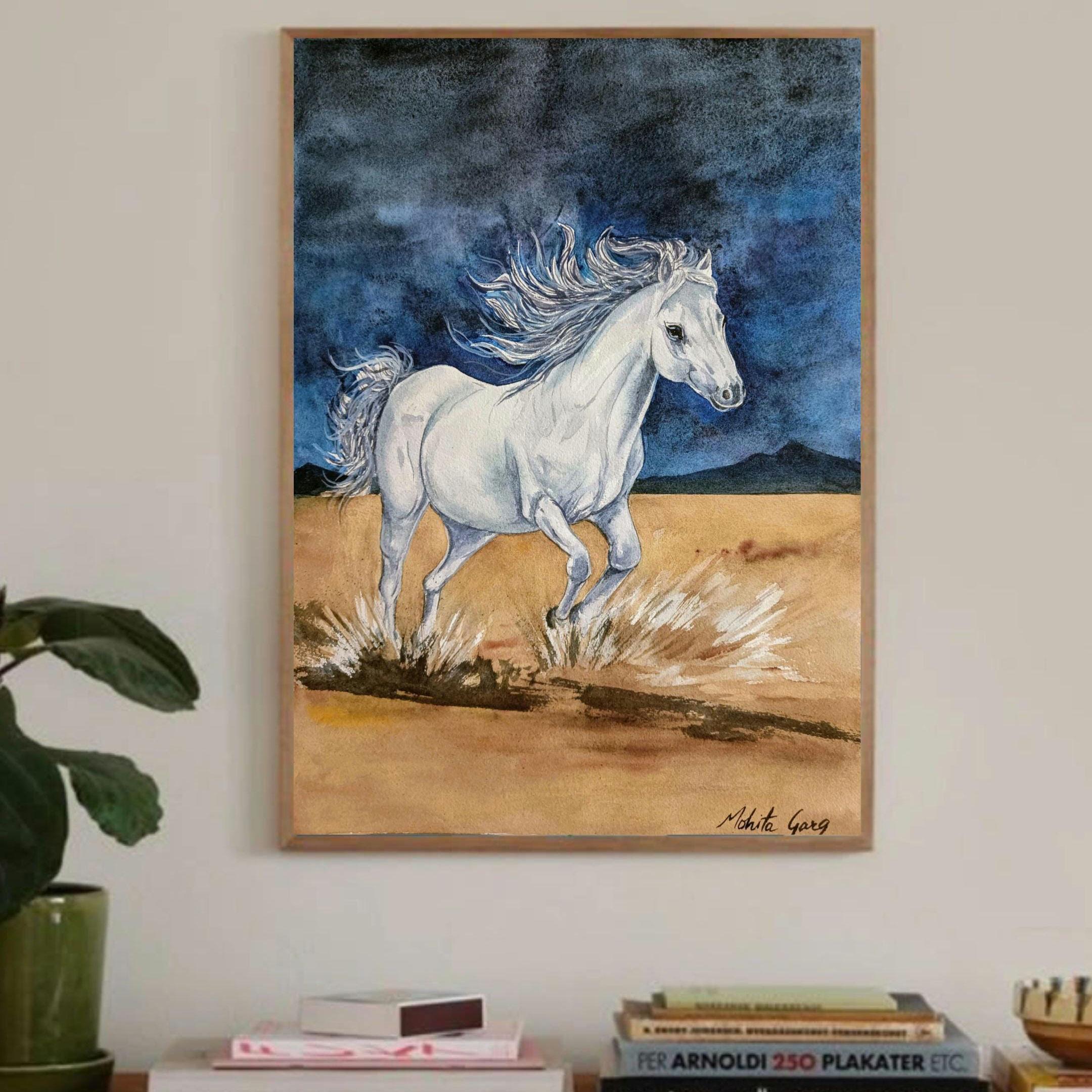 オリジナルの白い馬の水彩画：馬の壁アート、A3 - Etsy 日本