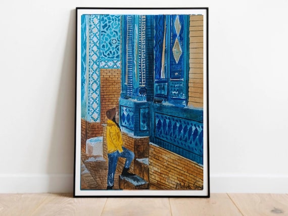 絵画　ウズベキスタン サマルカンドのブルーモスクの水彩画：ウズベキスタン旅行アート