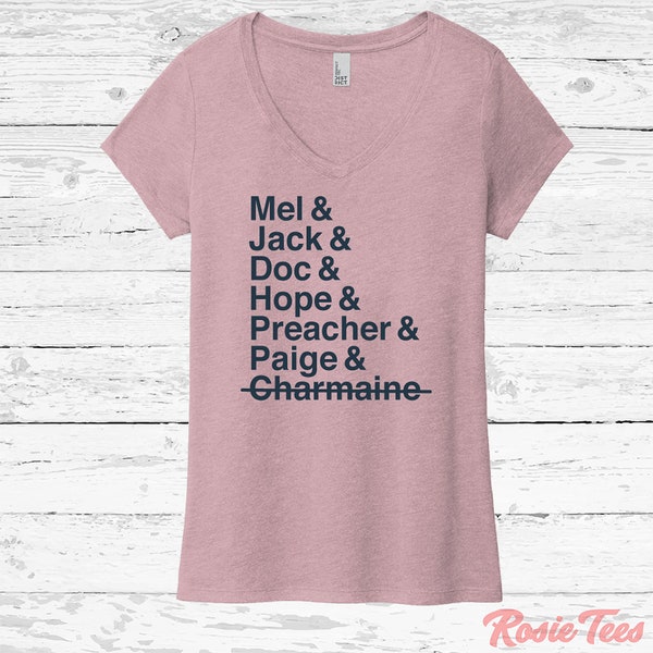 Mel & Jack Doc Hope Preacher Paige V-Neck Tee | As Seen On TV Women's T-Shirt | Romance Novel Apparel | Riverware Ladies Shirt | Rosie Tees