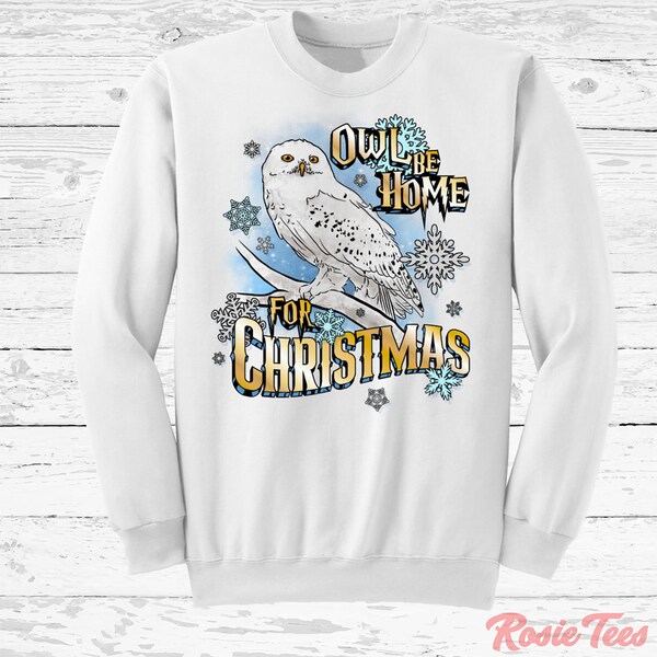 Owl Be Home For Christmas Ugly Christmas Crewneck Sweatshirt | Snow Owl Magical Fantasy Gear | Wizard Holiday Movie Sweater | Rosie Tees