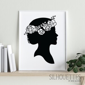 STOCK weibliche Erwachsene Silhouette Datei Design mit Blume Krone (Ready-Made) - Frau Seite Profil - digitaler Download - SVG, Cricut, Silhouette