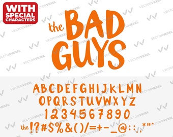 File SVG del font "The Bad Guys", lettere dell'alfabeto, numeri e caratteri speciali in formato SVG, DXF, EPS, PNG e clipart, download immediato.