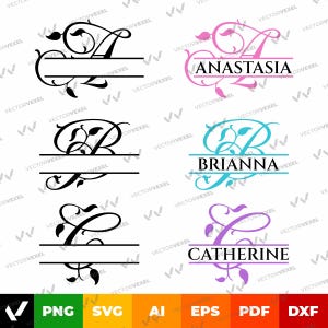 May include: Four split monogram designs with floral accents. The first design is black with the letter A and the name Anastasia. The second design is pink with the letter A and the name Anastasia. The third design is black with the letter B. The fourth design is blue with the letter B and the name Brianna. The fifth design is black with the letter C. The sixth design is purple with the letter C and the name Catherine.