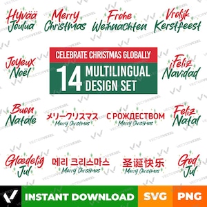 14 Gruß-Weihnachts-SVG-Bundle, mehrsprachiges Design-Bundle, frohe Weihnachten, Joyeux Noël, Weihnachts-PNG-Bundle, Feiertagsgrüße