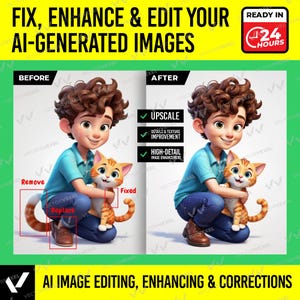 May include: An illustration showcasing AI image editing services. The image features a before-and-after comparison of a cartoon boy holding a cat. Text highlights upscaling, detail improvement, and high-detail image enhancement. The text "FIX, ENHANCE & EDIT YOUR AI-GENERATED IMAGES" is displayed.