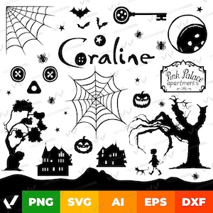 Pacote de design Coraline, ornamento Coraline, pacote Svg, pacote Png, silhueta Coraline, gato, palácio rosa, Halloween, abóbora, arquivos Cricut