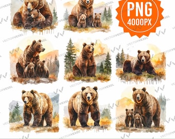Grizzly Bear Watercolor Clipart, Hand-Painted Illustration (Instant Download)