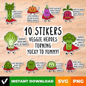 Lot de légumes super-héros mignons, Svg de légumes super-héros mignons, Png, Sticker légumes, héros végétariens, clipart de légumes mignons, kawaii