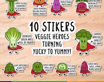 Pacchetto di adesivi di verdure da supereroi, clipart di eroi vegetariani (SVG, PNG)