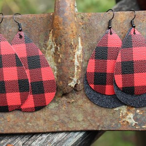 Red & Black Buffalo Plaid Faux Leather Earrings,Plaid Earrings, Buffalo Plaid Earrings, Christmas Earrings,