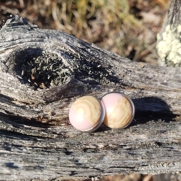 12MM Wood Grain & Pink Druzy Earrings , Stud Earrings, Cabochon Studs, Cabochons, Druzy Earrings, 12MM Earrings, Earrings, Black Earrings