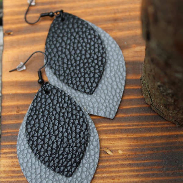 Black & Gray  Faux Leather Earrings, Solid Color Earrings, Faux Leather Earrings, Diamond Shape Earrings, Earrings, Dangle Earrings