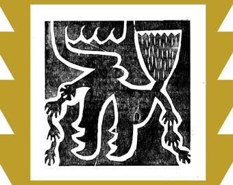 broom dance - woodcut block print