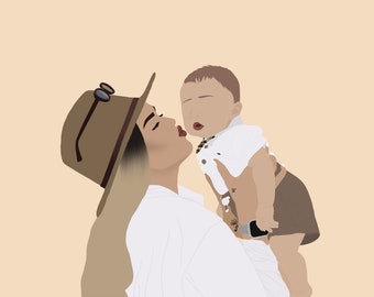 May include: A woman wearing a brown hat and white shirt is holding a baby in her arms. The baby is wearing a white shirt and brown shorts. The woman is looking at the baby and smiling.