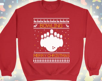May include: Red Christmas sweater with a white bowling pin and ball design. The sweater has the text "Bowling" and "Merry Christmas" in yellow.