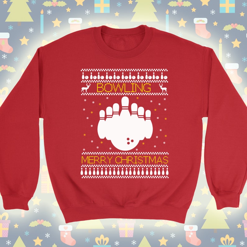 May include: Red Christmas sweater with a white bowling pin and ball design. The sweater has the text "Bowling" and "Merry Christmas" in yellow.