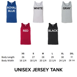 May include: Unisex jersey tank top size chart with measurements in inches. The chart shows the size options XS, S, M, L, XL, and 2XL. The tank tops are shown in six colors: royal blue, white, gray, red, black, and heather gray.