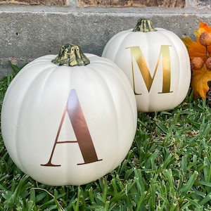May include: Two white pumpkins with gold letters, one with the letter "A" and the other with the letter "M". The pumpkins are sitting on green grass.