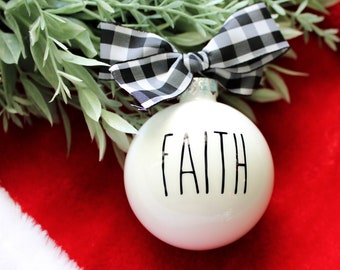 Farmhouse Christmas Ornament: Skinny Lettering, Buffalo Plaid Ribbon, Holiday Decor