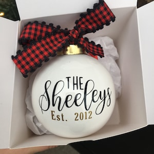 Personalized Wedding Ornament: Family Name Keepsake with Plaid Bow