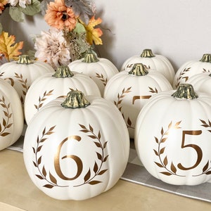 Table Numbers for Autumn Wedding Decor, Centerpieces for Autumn Wedding and Events, Autumn Centerpiece Ideas, White Pumpkin Table Numbers