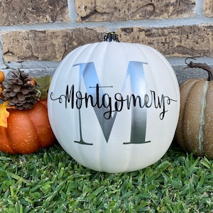 Personalized Pumpkin with Monogram Family Last Name for Fall Decor, Thanksgiving Decor, Wedding Gift, Engagement Gift, Housewarming Gift Silver