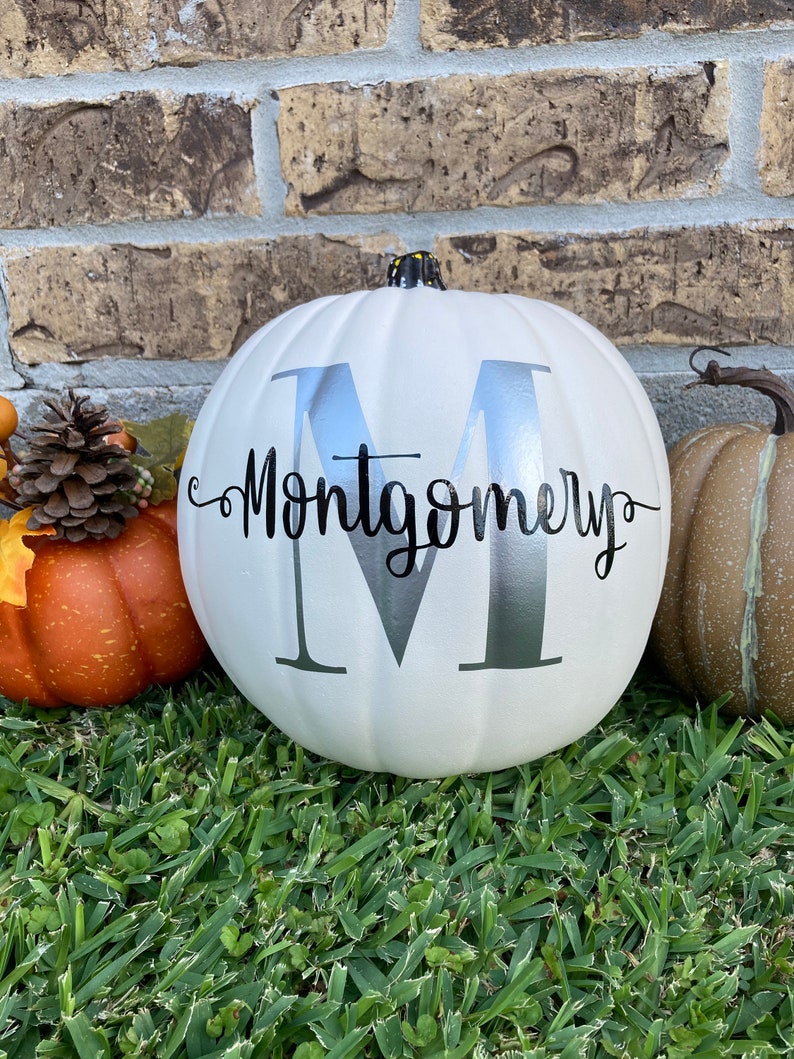 Personalized Pumpkin with Monogram Family Last Name for Fall Decor, Thanksgiving Decor, Wedding Gift, Engagement Gift, Housewarming Gift Silver