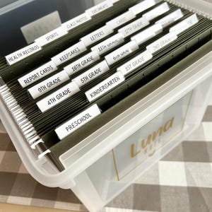 May include: A white plastic storage box with a green file folder system labeled with white labels. The labels include: Health Records, Sports, Class Photos, Documents, MSC, Report Cards, Keepsakes, 9th Grade, 10th Grade, 4th Grade, Preschool, 5th Grade, Letters, 11th Grade, Kindergarten, 6th Grade, Cards, 12th Grade, 2nd Grade, 1st Grade. The box is labeled with the name "Luna Kate" in gold lettering.
