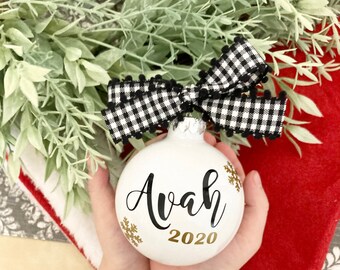 Personalized Christmas Ornament Gift with Name and Year in Gold with Black and White Plaid Ribbon, Includes Individual Gift Box