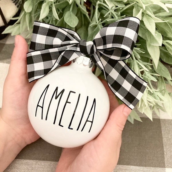 Personalized Farmhouse Christmas Ornament: Skinny Lettering, Plaid Bow