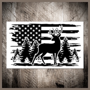 May include: Black and white silhouette of a deer standing in a forest with an American flag in the background. The flag is distressed and has a faded look.