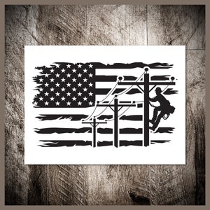May include: Black and white silhouette of an electrician working on a power line with an American flag in the background.