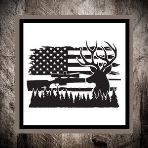 Deer Rifle Trees American Flag 2 Decals