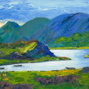 May include: An oil painting depicts a serene landscape with a lake and mountains. The artwork features a vibrant color palette of blues, greens, and yellows. Three small boats are visible on the water. The artist's signature is in the lower right corner.