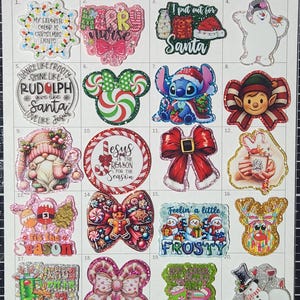 May include: A collection of twenty glittery Christmas-themed acrylic charms arranged in a grid. Designs include snowmen, gnomes, candy canes, bows, gingerbread figures, and holiday text like 'Merry Nurse', 'Santa', and 'Jesus is the reason for the season'.