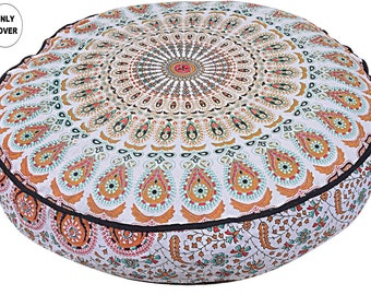 Indian Mandala Round Floor Cushion Boho Decorative With Pom-pom Floor Cushion Meditation Cushion Floor Pillow Indian Seating Mandala Cushion