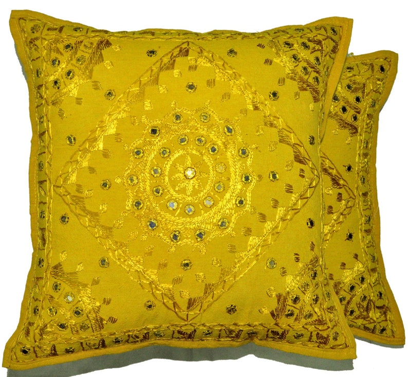 Indian Handmade Yellow Mirror Work Cushion Covers 16 Etsy