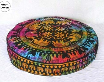 Tie Dye Elephant Print Mandala Cotton Cushion Cover Round Large Floor Pillow Case Throw 32" Cotton Meditation And Yoga Floor Pillow Case