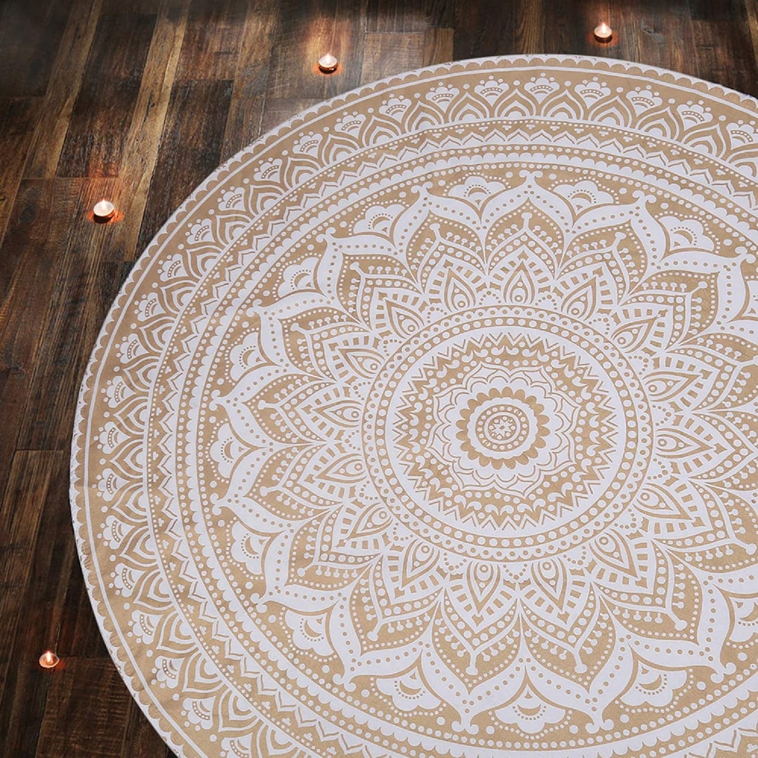 Gold Mandala Round Tapestry Hippie Boho Beach Towel Roundie Indian
