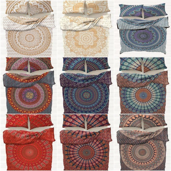 Indian Handmade Mandala Duvet Cover Set Cotton Bedding Set with Pillow Covers, Mandala Blanket Boho Style Donna Duvet Covers Throw