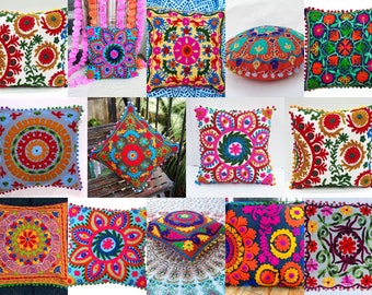 Lot of Throw Pillow Covers 5 Pcs Mexican Handmade Colourful Wool Embroidered Decorative Pillow Cover Boho Suzani Square Cotton Cushion Cover