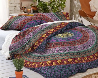 Wende-Bettbezug im Boho-Mandala-Stil, King-/Twin-Size-Größe, Boho-Hippie-Bettbezug aus 100 % Baumwolle, Mandala-Decke im Boho-Stil mit Kissenbezügen