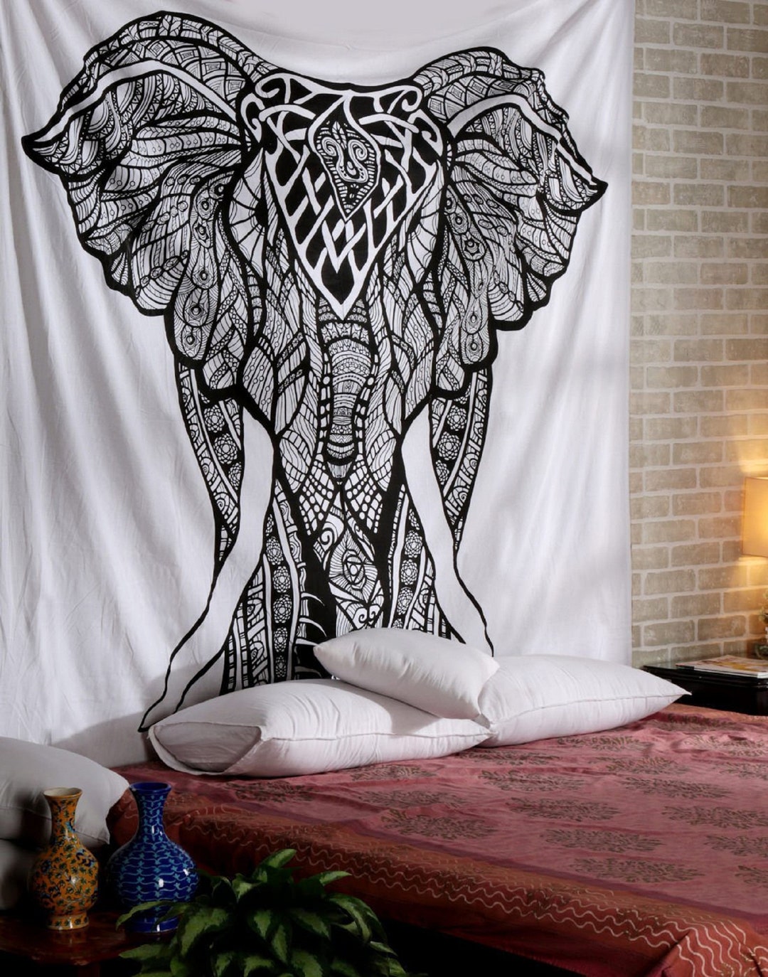 Black and White Elephant Print Mandala Tapestry Wall Hanging - Etsy
