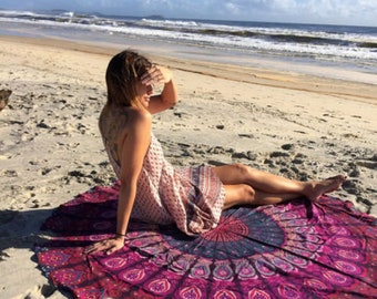 Round Beach Tapestry Mandala Throw Indian Cotton Bohemian Large Round Table Cloth Yoga Mat Picnic Round Tapestries Handmade Beach Towel