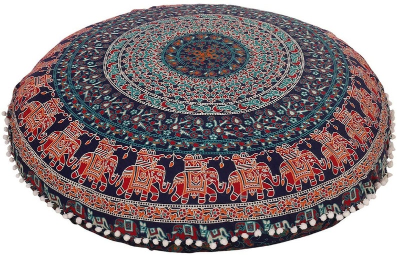Indian Floor Cushion Cover Mandala Pom Pom Round Floor Round | Etsy