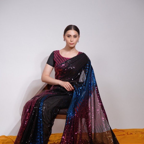 Saree de créateur en georgette douce de couleur noire avec broderie de paillettes sari de designer pour femme, tenue de mariage, sari décontracté et sari festif